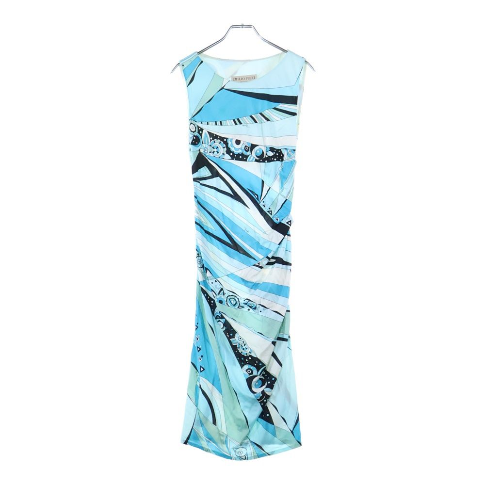 エミリオプッチ　総柄　レーヨン　ノースリーブ　ワンピース　イタリア製　ブルー EMILIO PUCCI (エミリオプッチ) レーヨン 総柄 ノースリーブ