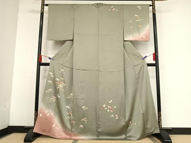 平和屋着物●訪問着　友禅　刺繍　笹竹に吹き寄せ　暈し染め　金彩　正絹　逸品　AABA4979np 平和屋着物○訪問着 友禅 刺繍 笹竹に吹き寄せ 暈し染め 金彩 正絹