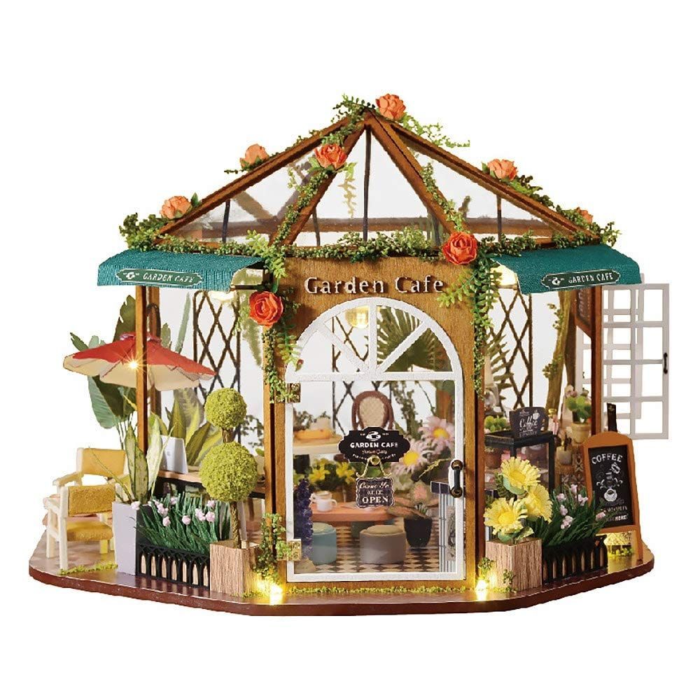 ミニチュア 手作りキット セット DIY ドールハウス | ガーデンカフェ | ビニールハウス 喫茶店 薔薇 moin ローズ お花いっぱい | 大型 じっくり楽しめる moin 1/24 | LEDライト + アクリルケース