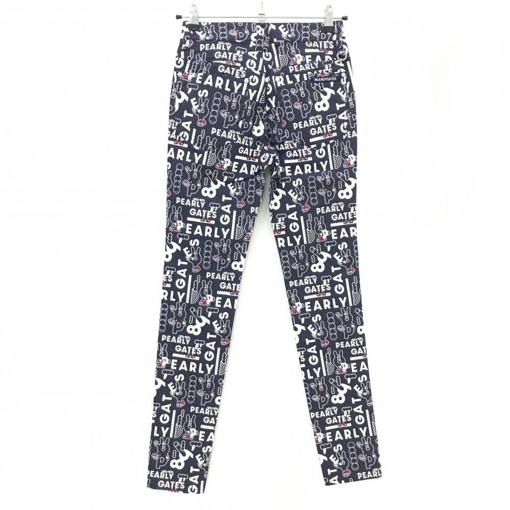 パーリーゲイツ パンツ ネイビー 白 ロゴ総柄 どうしちゃったPG ボーダー織生地 レディース 00 XS ゴルフウェア PEARLY GATES