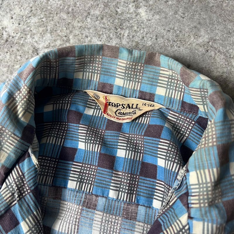 60s TOPSALL チェック プリント 長袖 コットン シャツ S / 60年代 