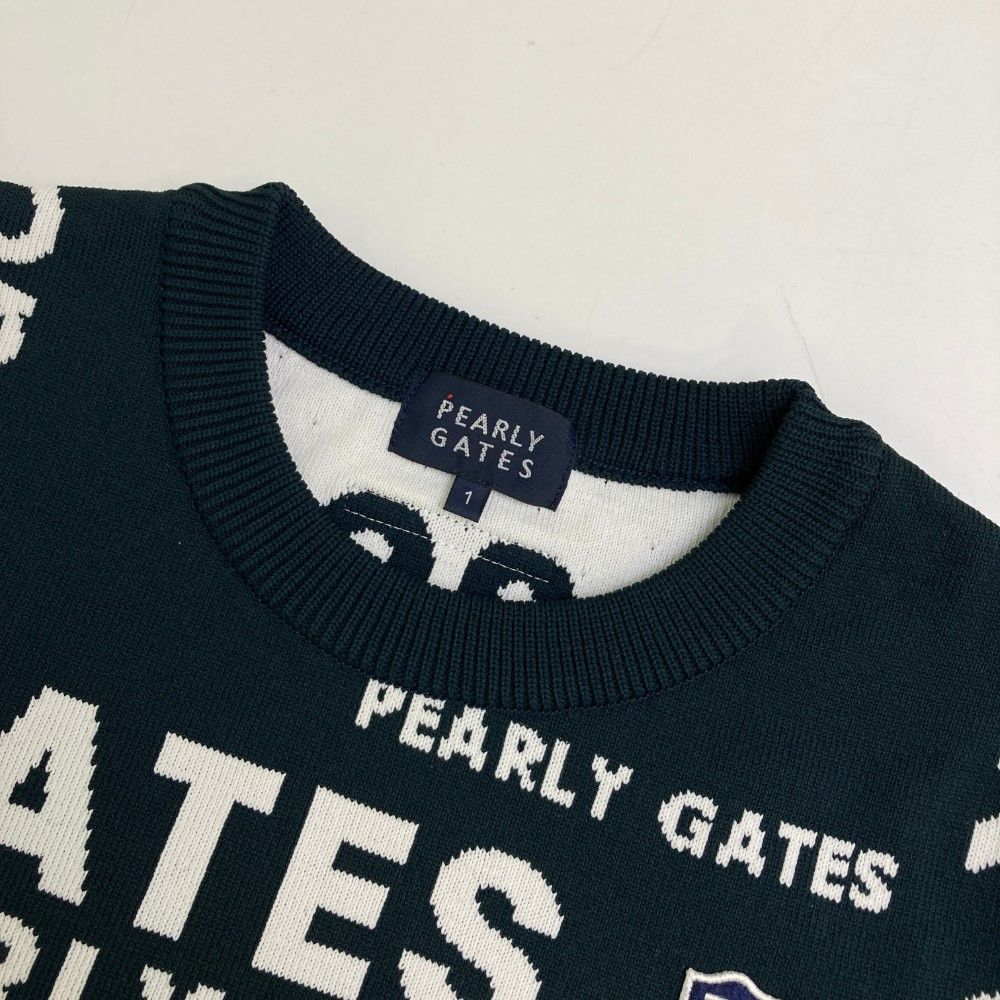 サイズ：1 PEARLY GATES パーリーゲイツ  ニットセーター ロゴ総柄 ネイビー系 [240101472699] ゴルフウェア レディース ストスト サイズ：1 PEARLY GATES パーリーゲイツ ニットセーター ロゴ総
