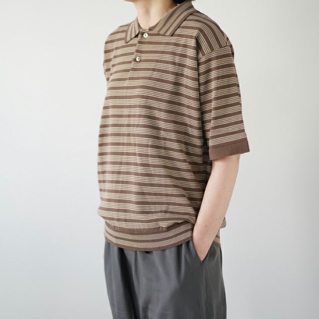 MANUAL ALPHABET マニュアルアルファベット | COMPACT TWIST BORDER KNIT POLO walnut | トップス シャツ