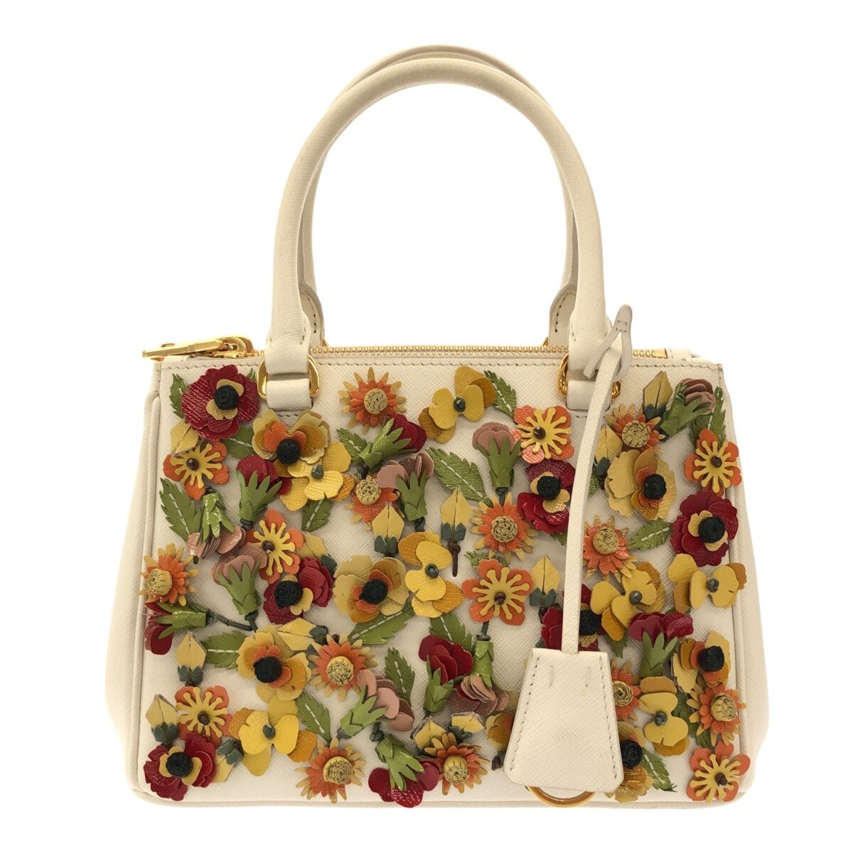 PRADA(プラダ) トートバッグ フローラルアップリケガレリアバッグ 1BA905 白×マルチ フラワー(花) レザー×エナメル（レザー） -  メルカリ