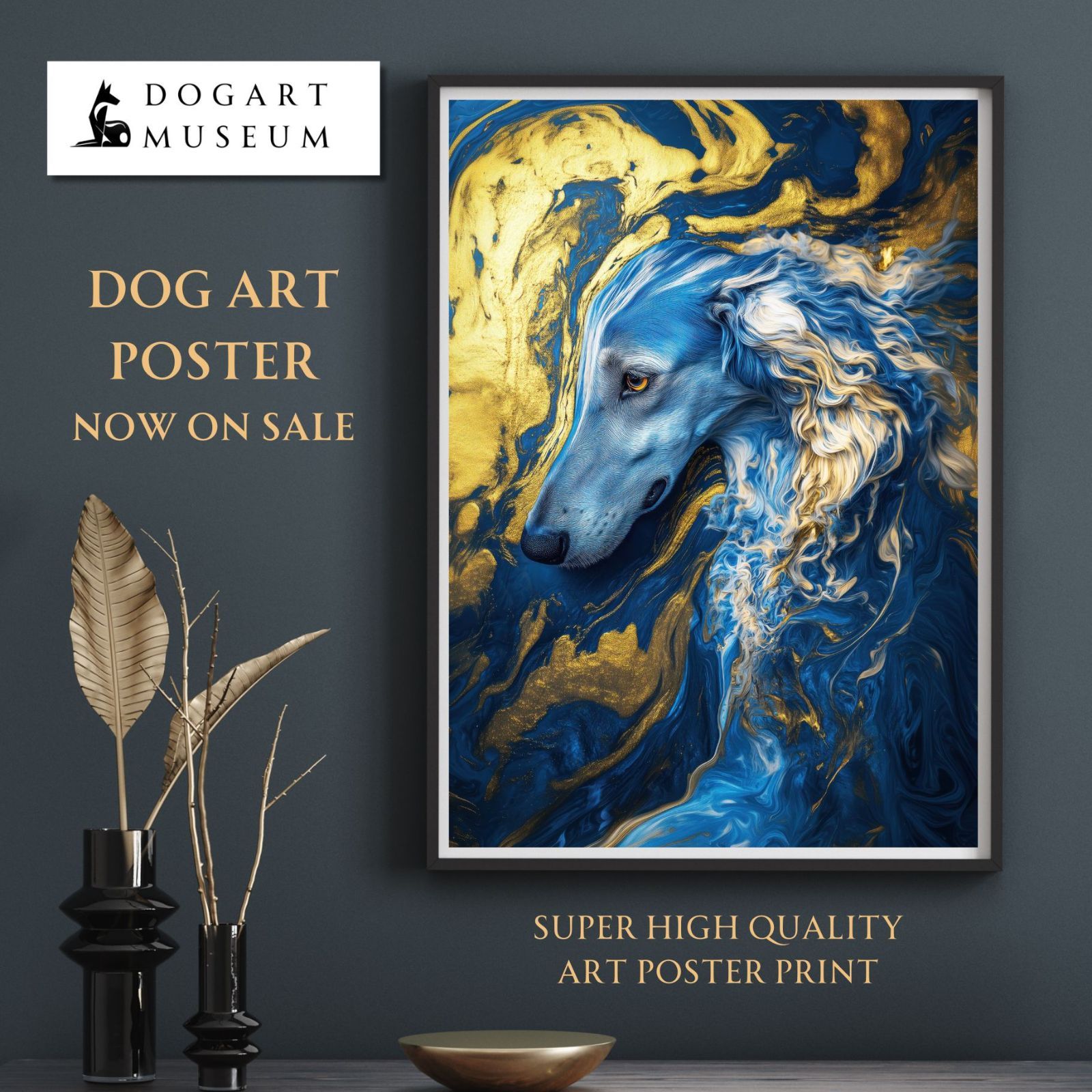 【青と金 - ボルゾイ犬 No.3】ペットロス・うちの子・記念日・アートポスター・犬の絵・犬のイラスト・ギフト・プレゼント
