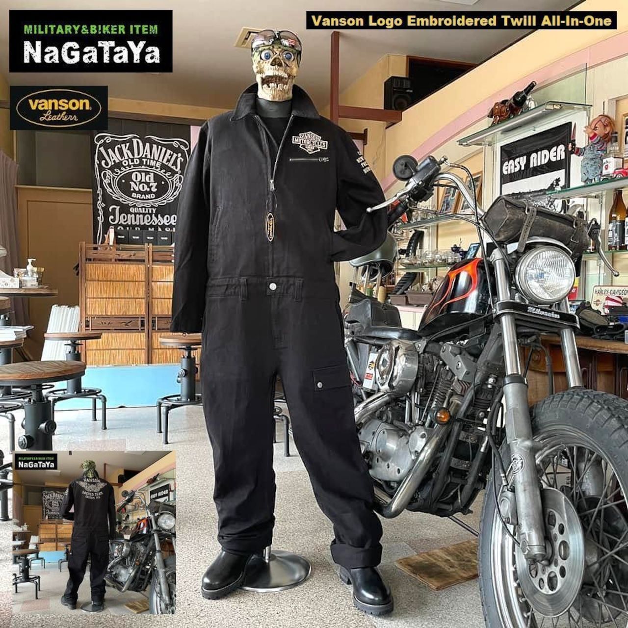 VANSON バンソン NVAO-403NC ロゴ刺繍 ツイル オールインワン ブラック 黒 つなぎ カバーオール