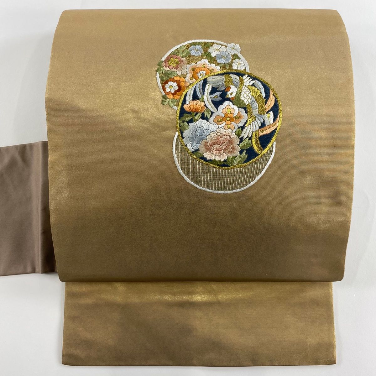 名古屋帯 秀品 丸文 花鳥 刺繍 箔 金色 正絹