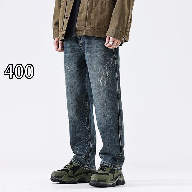 400 秋冬 コーデ メンズ 服 シンプル ファッション オシャレ 大人 かっこいい 大きいサイズ ストリート 紳士服 バーント フラワー ストリート カジュアル ダメージ加工 ストレート レッグ ジーンズ