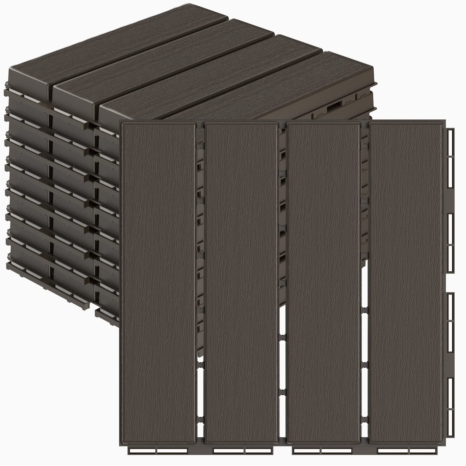 新着商品 Goovilla ウッドパネル ウッドタイル 直線タイプ×ダークブラウン 27枚 正方形 厚み2cm 約30cm×30cm ウッドデッキ ウッドタイル 人工木 樹脂 腐らない タイル スノコ ジョイント式 庭 ベランダ 屋外 屋内 ダークブラウン