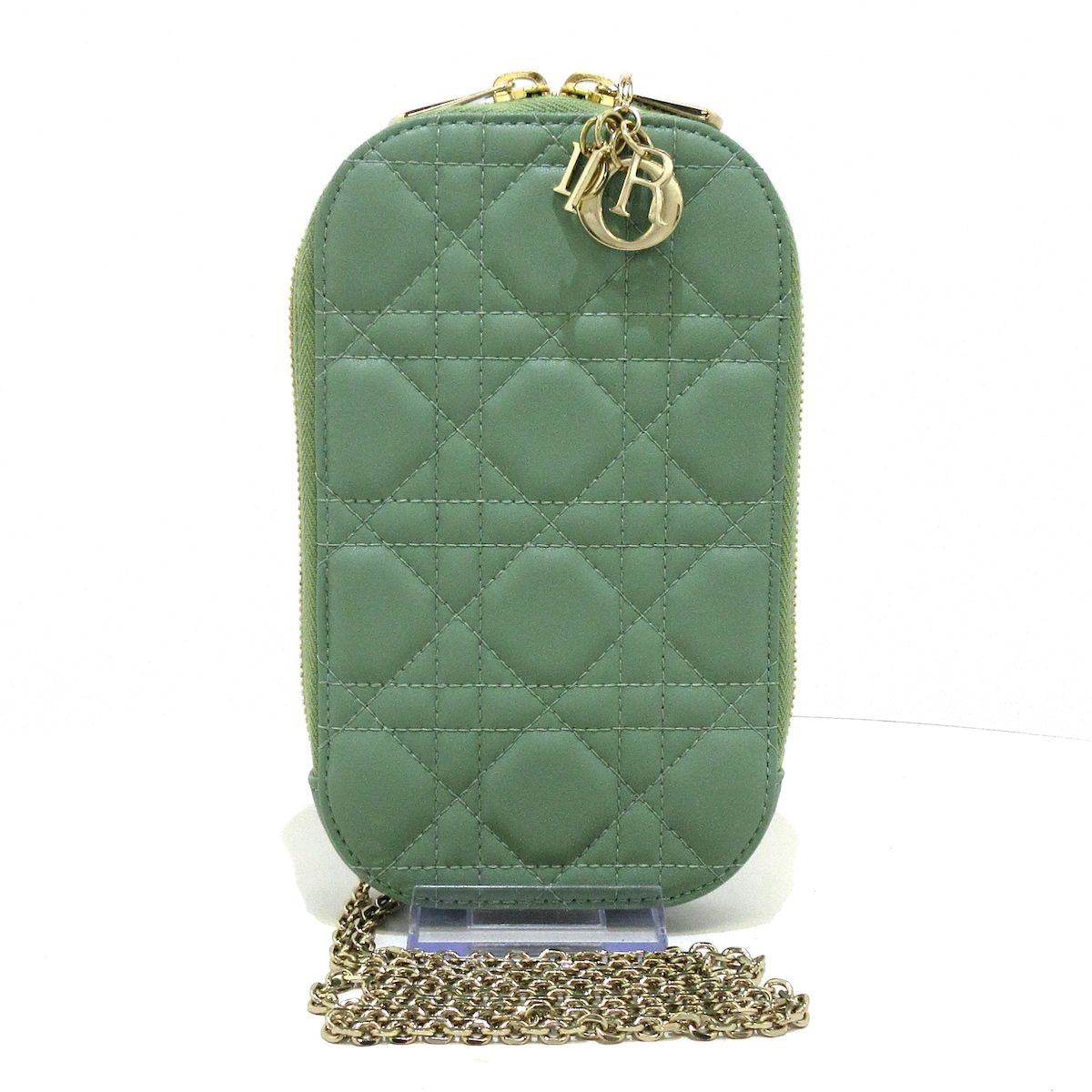 ディオール/クリスチャンディオール 携帯電話ケース美品  Lady Dior Call'in Dior フォンホルダー グリーン チェーンショルダー ラムスキン
