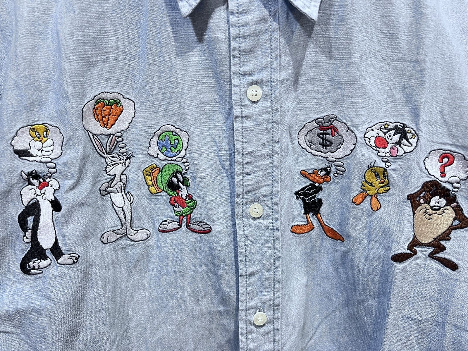 90'S ルーニーテューンズ 刺繍 シャンブレーシャツ XS ワーナー WARNER