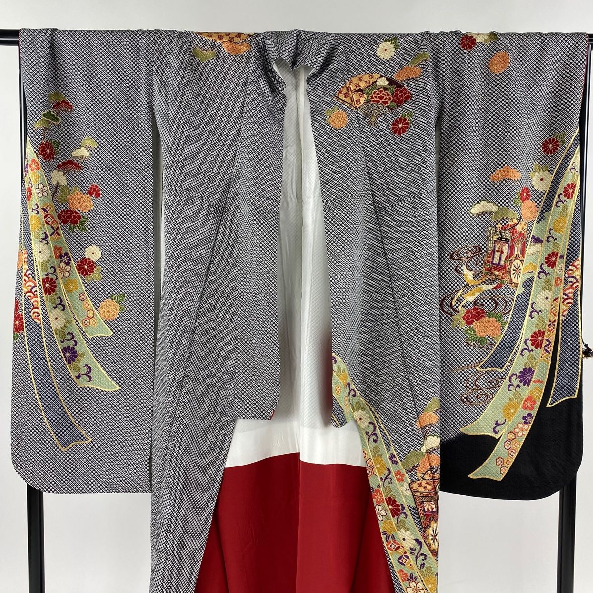 振袖 身丈163.5cm 裄丈70cm L 袷 袋帯フルセット 御所車 観世流水 絞り  