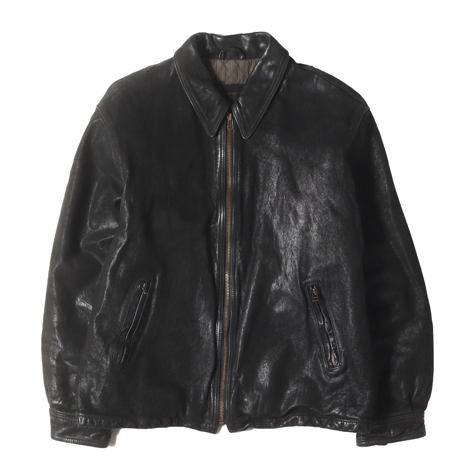 90s - 00s ヴィンテージ古着 雰囲気抜群 90s ゴートスキンレザー フルジップ ジャケット K.T POUR HOMME ブラック 黒 サイズ L程度 90年代 古着 アウター ブルゾン 上着 メンズ