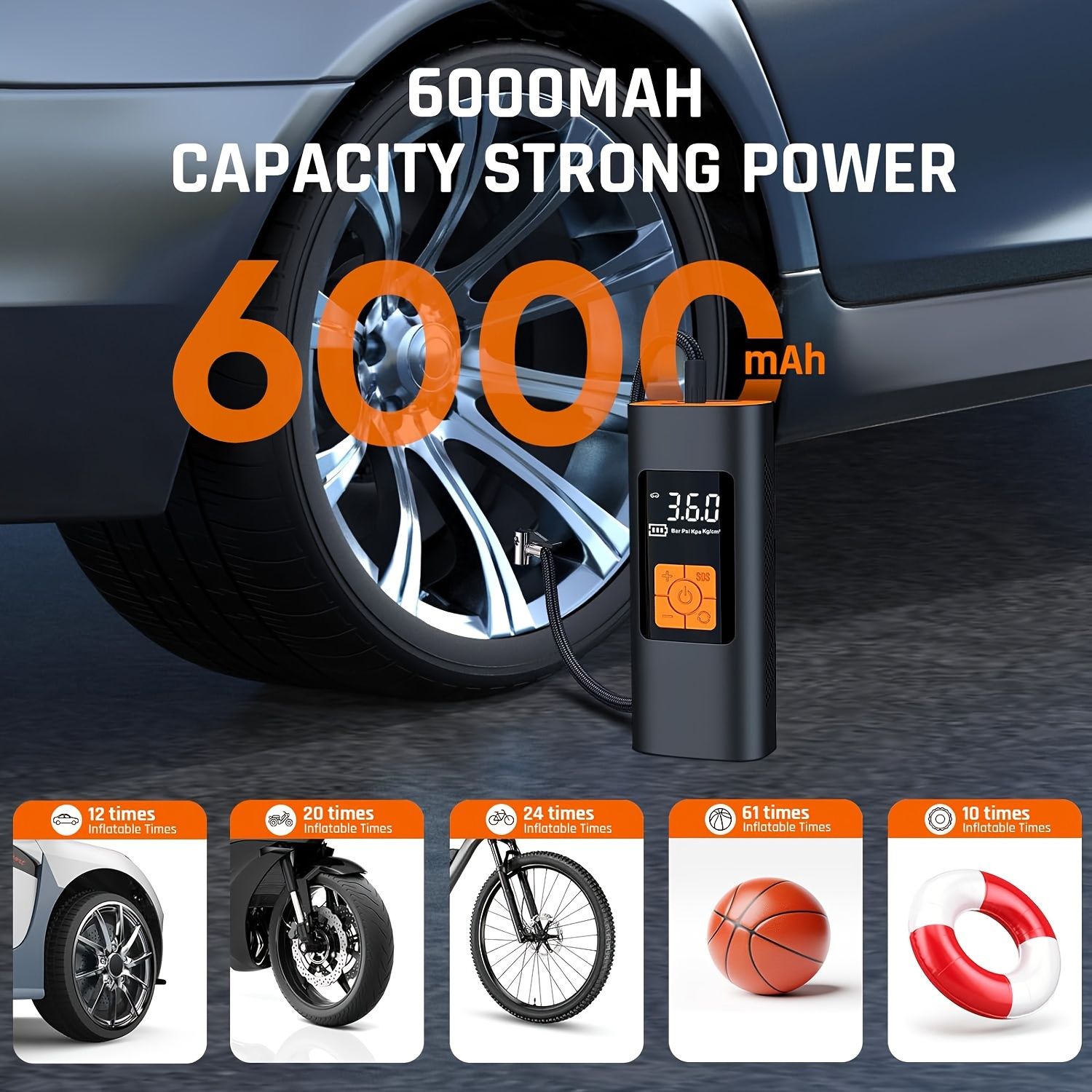 6000mAh大容量150PSI充電式エアポンプミニコンプレッサーポータブルコンプレッサーデジタル自転車車タイヤインフレータータイヤポンプ