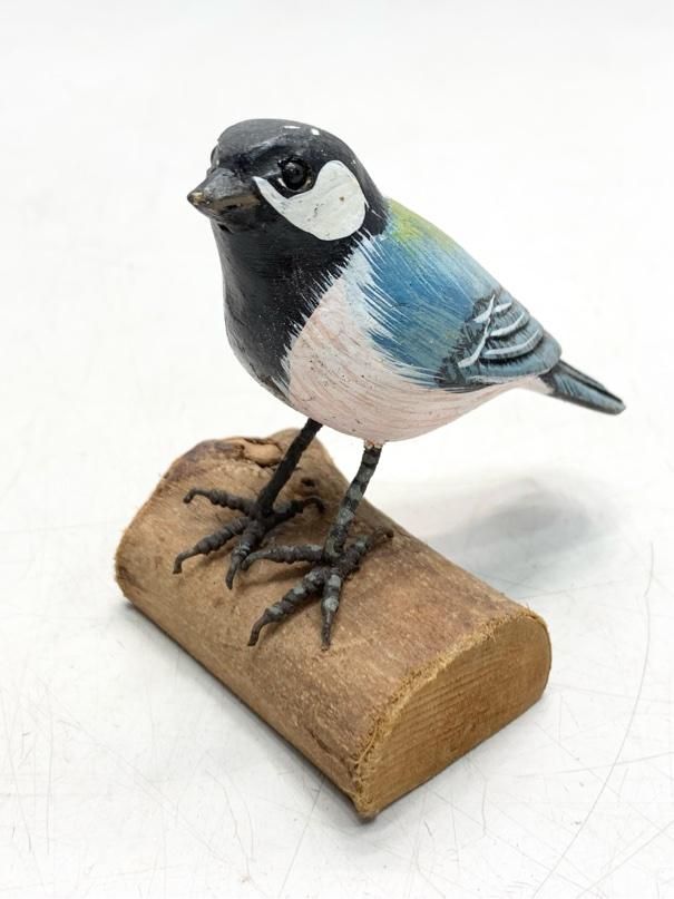 シジュウカラ バードカービング 野鳥彫刻 木彫りの野鳥 置物 インテリア レトロ ヴィンテージ A7400A06