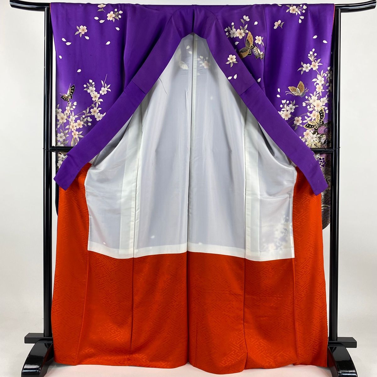 振袖 身丈169.5cm 裄丈66cm M 袷 桜 蝶 金糸 金銀彩 紫 正絹 秀