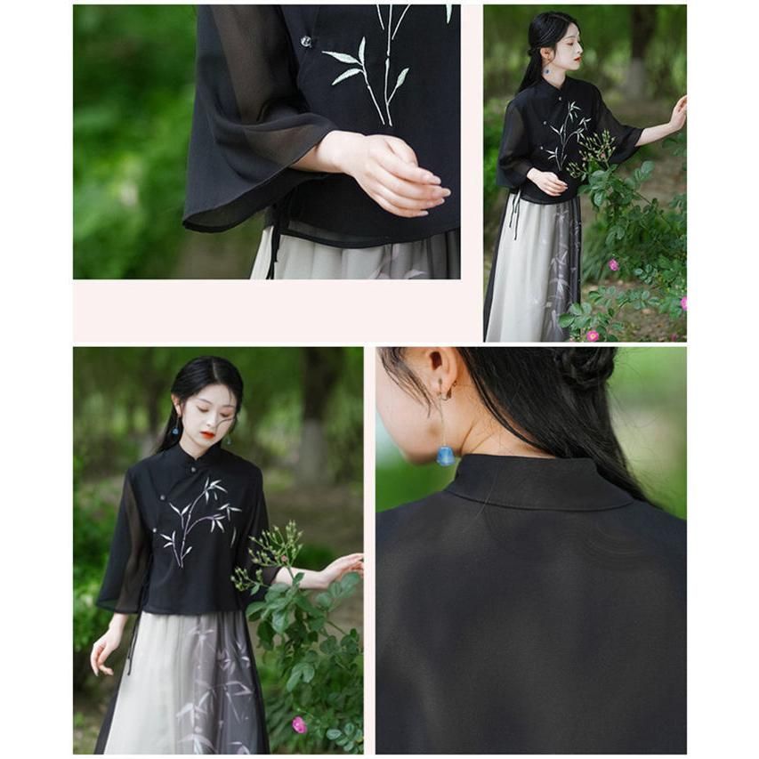 チャイナ服 2点セット 漢服唐装 中華服 古代 黒系 水墨 改良漢服