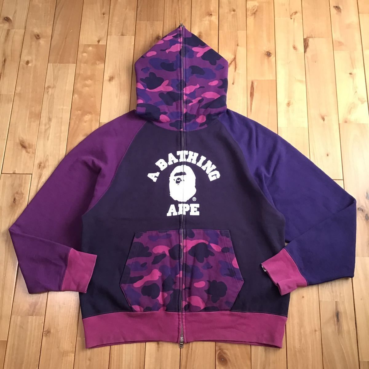 Purple camo カレッジロゴ クレイジー パーカー Lサイズ a bathing ape