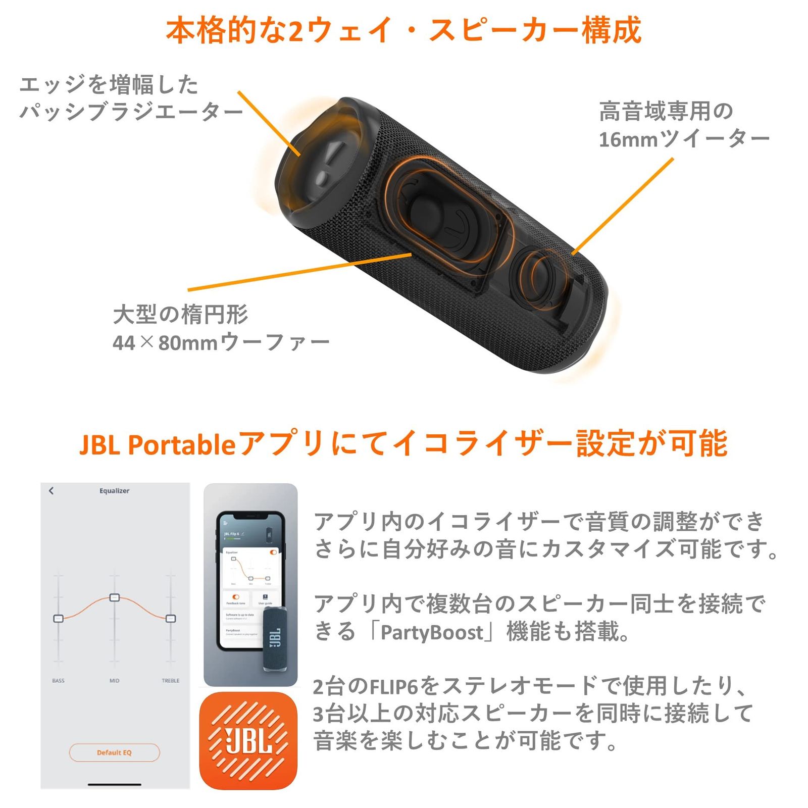 JBL FLIP6 Bluetoothスピーカー 2ウェイ・スピーカー構成/USB C充電 