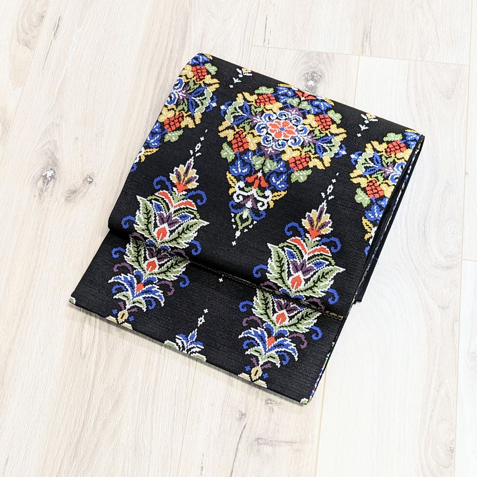 新品・仕立て上がり】正絹 袋帯 カジュアル 黒 ブラック モダン b90  