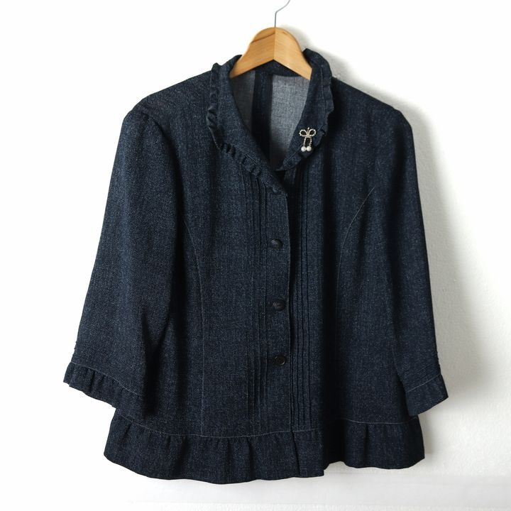 レリアン デニムジャケット フリル リボンブローチ 大きいサイズ アウター レディース 13 サイズ ネイビー Leilian