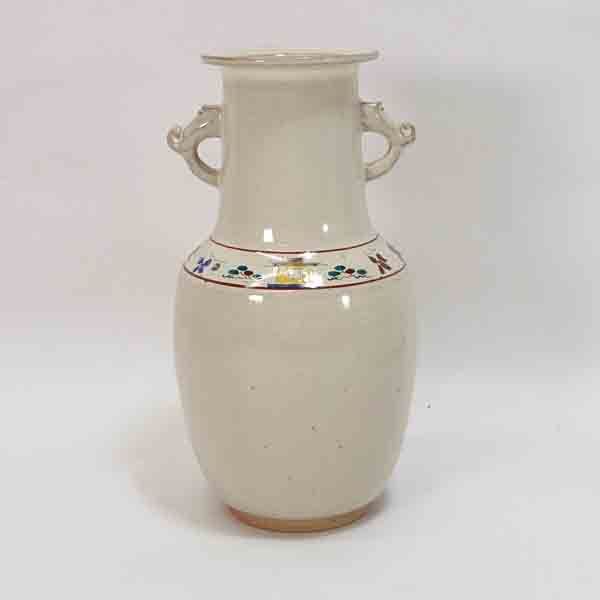 赤膚焼 大塩昭山 ◇【花器】赤膚焼/大塩昭山作 奈良絵 耳付花器 華道具