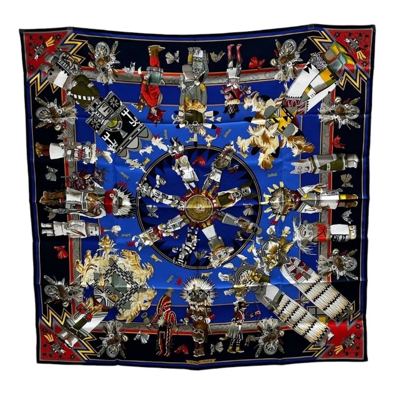 エルメス HERMES カレ90 Kachinas マルチ シルク100％ ユニセックス スカーフ
