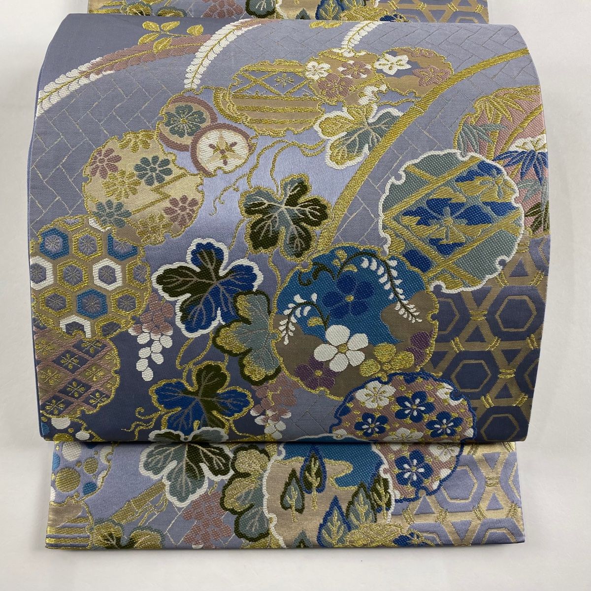 袋帯 秀品 雪輪 葡萄 金糸 箔 灰紫 六通 正絹