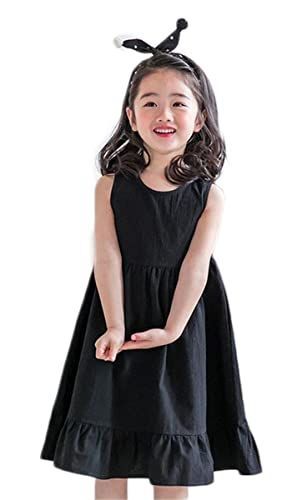 ブラック_120 [Karwavyi] 子供 フレアワンピース 袖なし キッズワンピース Aライン 親子服 ワンピース 遊び着 旅行 ゆったり 夏 無地 シンプル ママと娘 おそろい服 （120，ブラック）