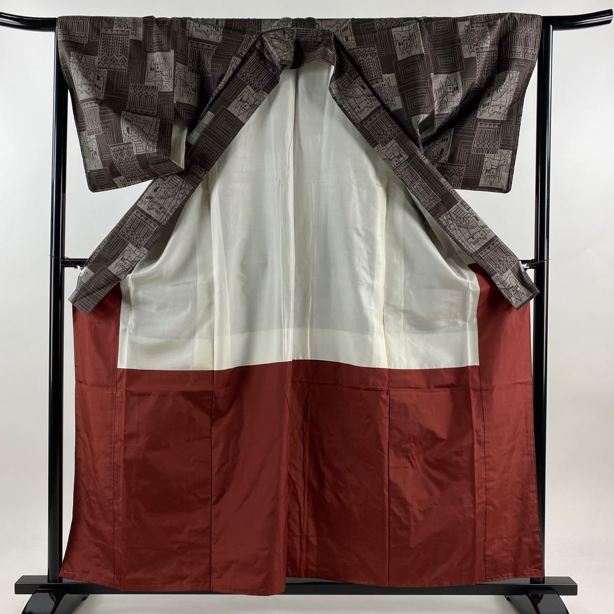 大島紬 身丈159cm 裄丈65cm M 袷 証紙 建物 色紙 焦茶色 正絹 美品  