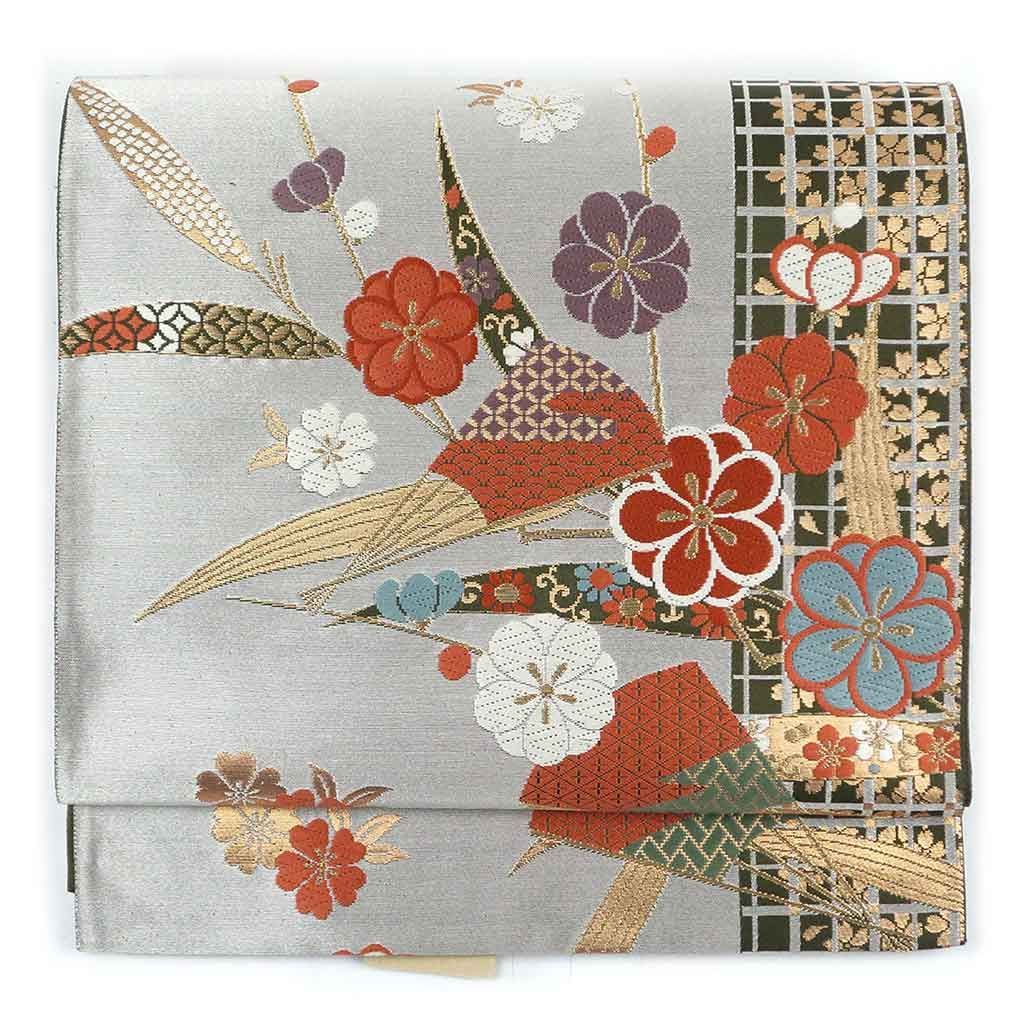 袋帯 幅31cm 長さ430cm レディース 扇面 秋冬春用 正絹（シルク）銀地 未使用品 リサイクル リメイク リユース【呉服のきくや】