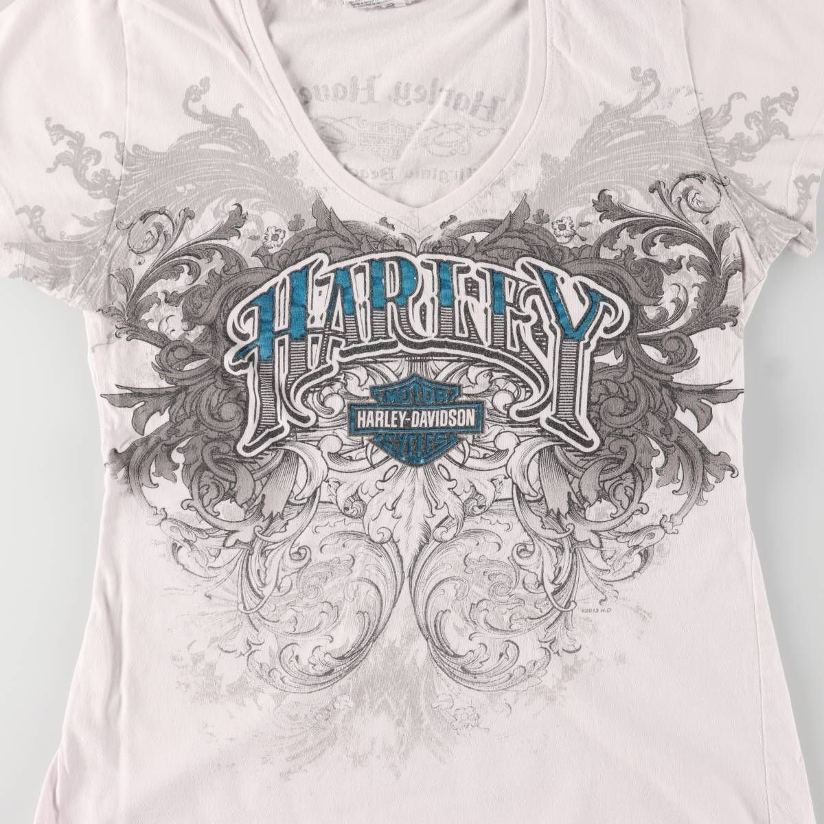Harley Davidson - 古着 ハーレーダビッドソン Harley-Davidson Vネック キャップスリーブ 大判プリント モーターサイクル バイクTシャツ レディースS相当 /eaa561323 古着 ハーレーダビッドソン Harley-Davidson Vネック キャップスリーブ