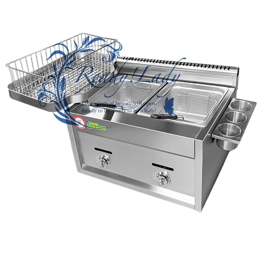 業務用フライヤー バスケットとオイルリターンパン付き大容量ガスフライヤー 温度調節 なステンレス鋼LPGフライヤー