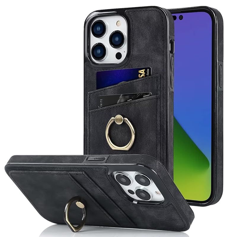 Mcxiancrl iPhone 15 Pro Max 用 ケース ２枚カード収納 リング付き カバー バンカー アイフォン15 プロ マックス ケース 360度回転 合皮レザー 衝撃吸収 スタンド機能 軽 薄 落下防止 シンプル