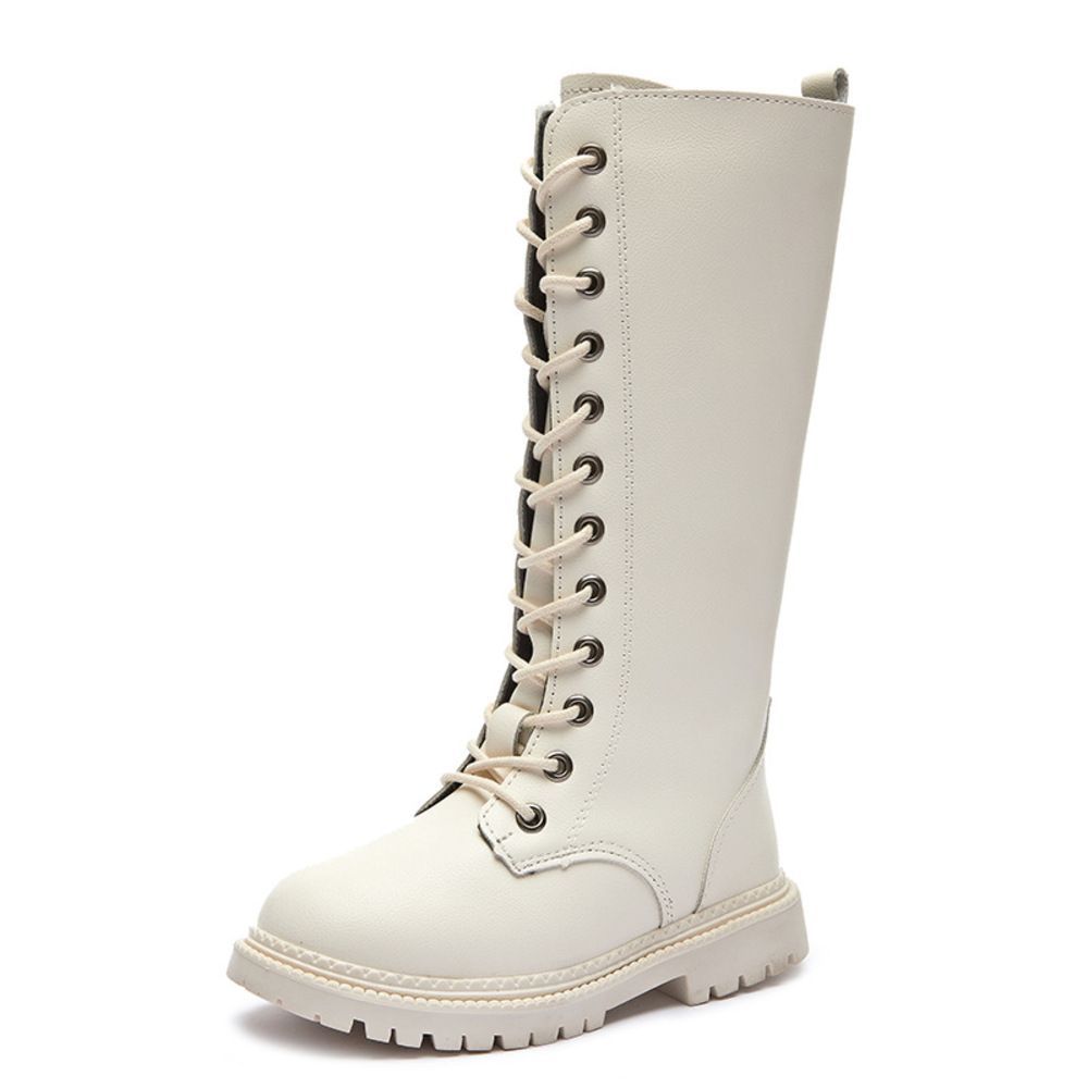 オフホワイト  32(19.6cm)  キッズブーツ pkboots518 キッズ ブーツ ダンスシューズ ダンスブーツ ハーフブーツ 編み上げ シューズ くつ 靴 子ども 子供 ローヒール ラウンドトゥ ファスナー付き ロ