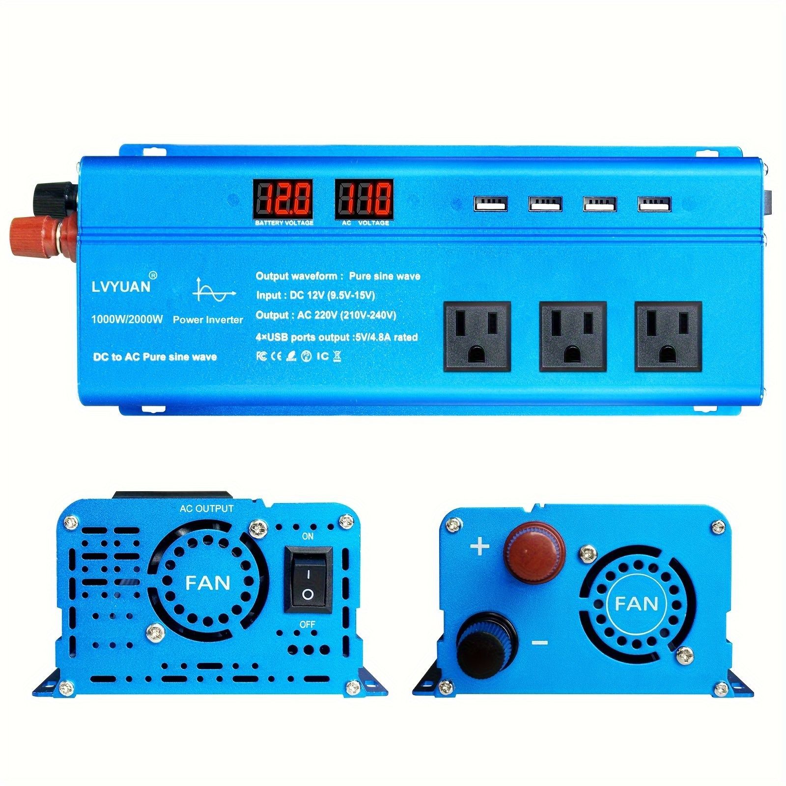 LVYUAN（緑電）インバーター 正弦波 12V 1000W 2000W（ピーク出力） DC 12V（直流）からAC 100V（交流）変換  3つのACコンセントと4つのUSBソケット付き。 車載インバーター 太陽光発電、防災、地震緊急用品、車、ボート、キャンプ - メルカリ