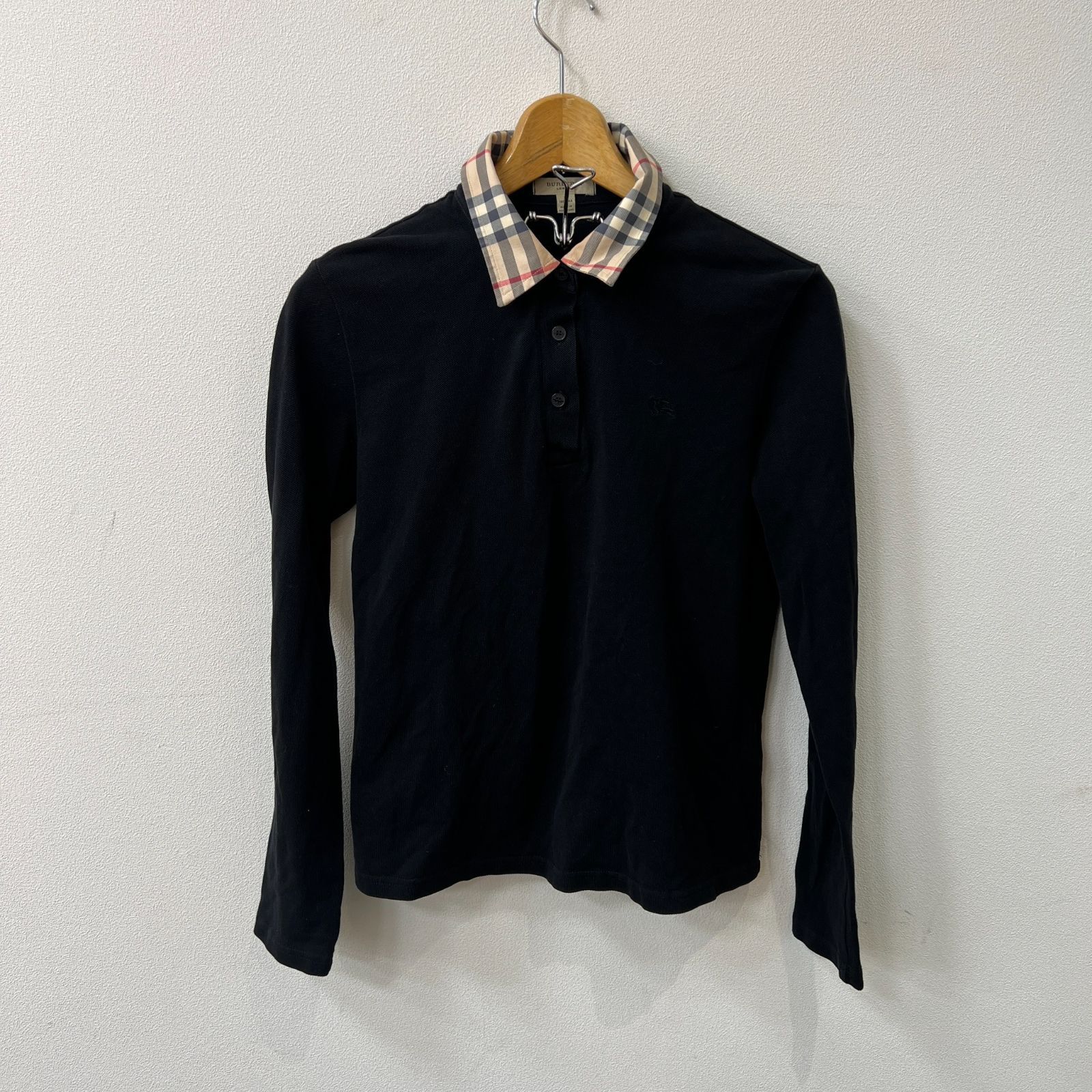 美品 Burberry London 襟バーバリーチェック ポロシャツ ブラック BURBERRY LONDON 襟ノバチェック柄 ロング ポロシャツ M