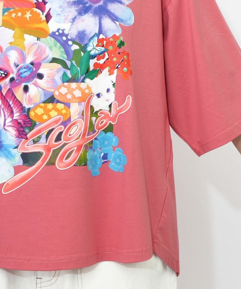 ScoLar（スカラー）ネコ花キノコ柄 接触冷感Tシャツ オフ