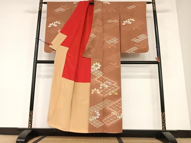 平和屋着物 アンティーク 大正ロマン 訪問着 駒刺繍 花菱文 暈し染め 金彩 正絹 AABA0425zg