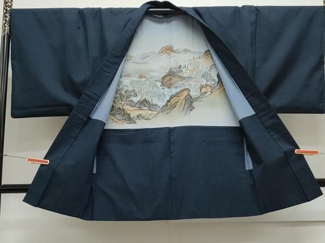 平和屋着物○男性 紬 アンサンブル 色無地 留紺色 正絹 逸品