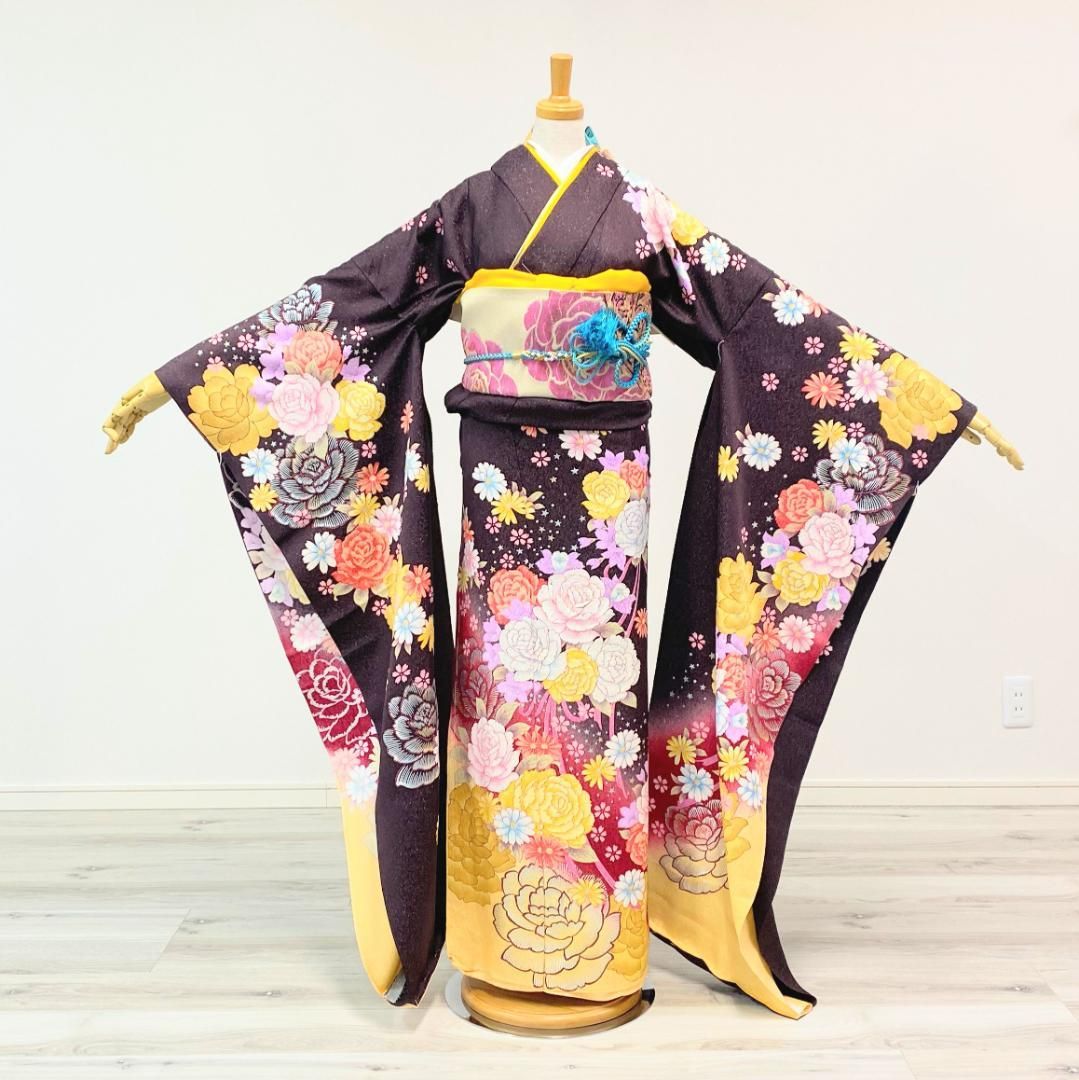 新品・一式セット】振袖 未使用 ブラウン グラデーション バラ 成人式 