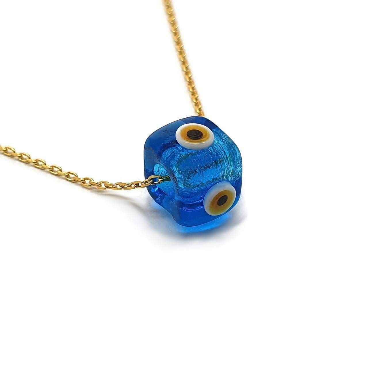 【在庫処分】MYSTIC JEWELS Dalia  ブルーガラス 邪視キューブネックレス 幸運  925スターリングシルバーチェーン ゴールドメッキ付き
