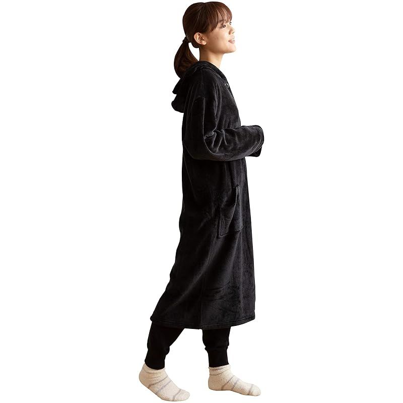 新品　AQUA (アクア) mofua (モフア) 着る毛布 プレミアムマイクロファイバー ( あったか 発熱タイプ +2) フードタイプ ルームウェア M ( 着丈110cm) ブラック / ガウン パーカー フード 男女兼用 モ