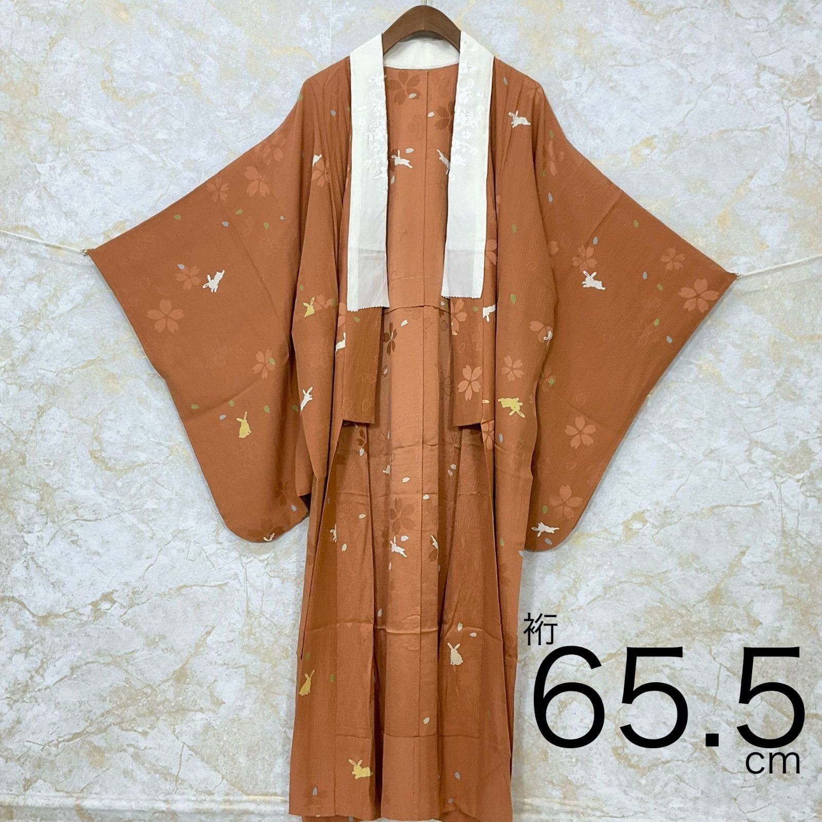 kimono+one◆美品◆長襦袢◆単衣◆楊柳縮緬◆カラフル◆うさぎ◆兎◆刺繍半衿付◆衣紋抜き付き◆裄65.5肩丈127.5◆小紋紬附下訪問着留袖袷単衣夏着物◆K1169