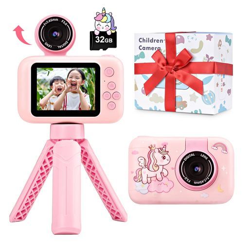 キッズカメラ三脚付き子供用カメラ1080Pビデオカメラ、32GBSDカード付きトイカメラ、回転レンズ付き小学生用2.4インチディスプレイデジタルカメラ初心者コンパクトカメラおもちゃお子様&hellip;