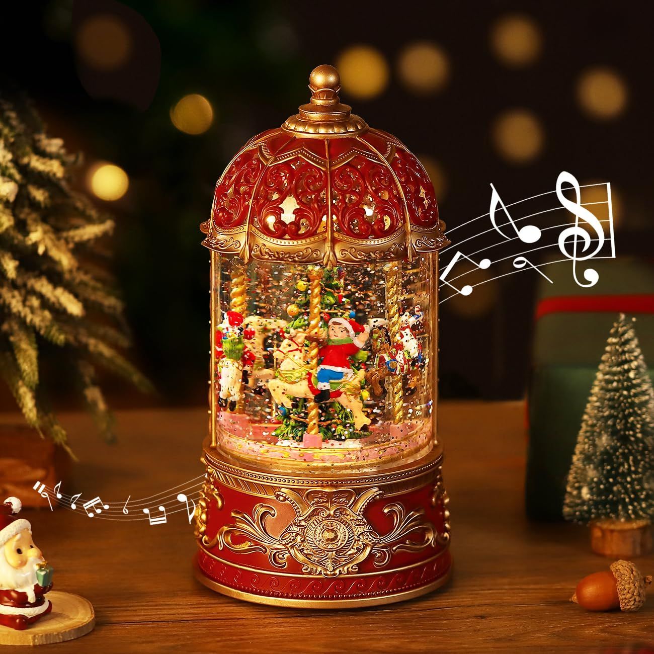 Lewondr スノードーム クリスマスオルゴール メリーゴーランドオルゴール クリスマスツリースノーグローブ LEDライト内蔵 8曲自動ループ クリスマスプレゼント インテリア クリスマス置物飾