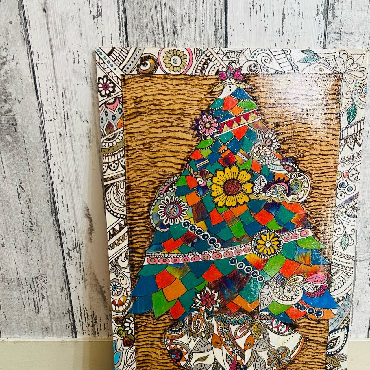 ガネーシャのホワイトクリスマスツリーアートパネル原画 アジアン 