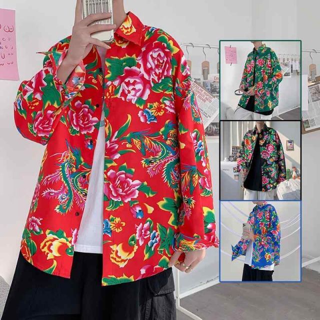 【人気セール，2026】 種類97：2XL/T：C203 緑 CK203 緑 秋冬 コーデ メンズ  服 シンプル ファッション オシャレ 大人 かっこいい 大きいサイズ ストリート 紳士服  花 長袖 シャツ 赤 コート 牡丹 長袖シャツ