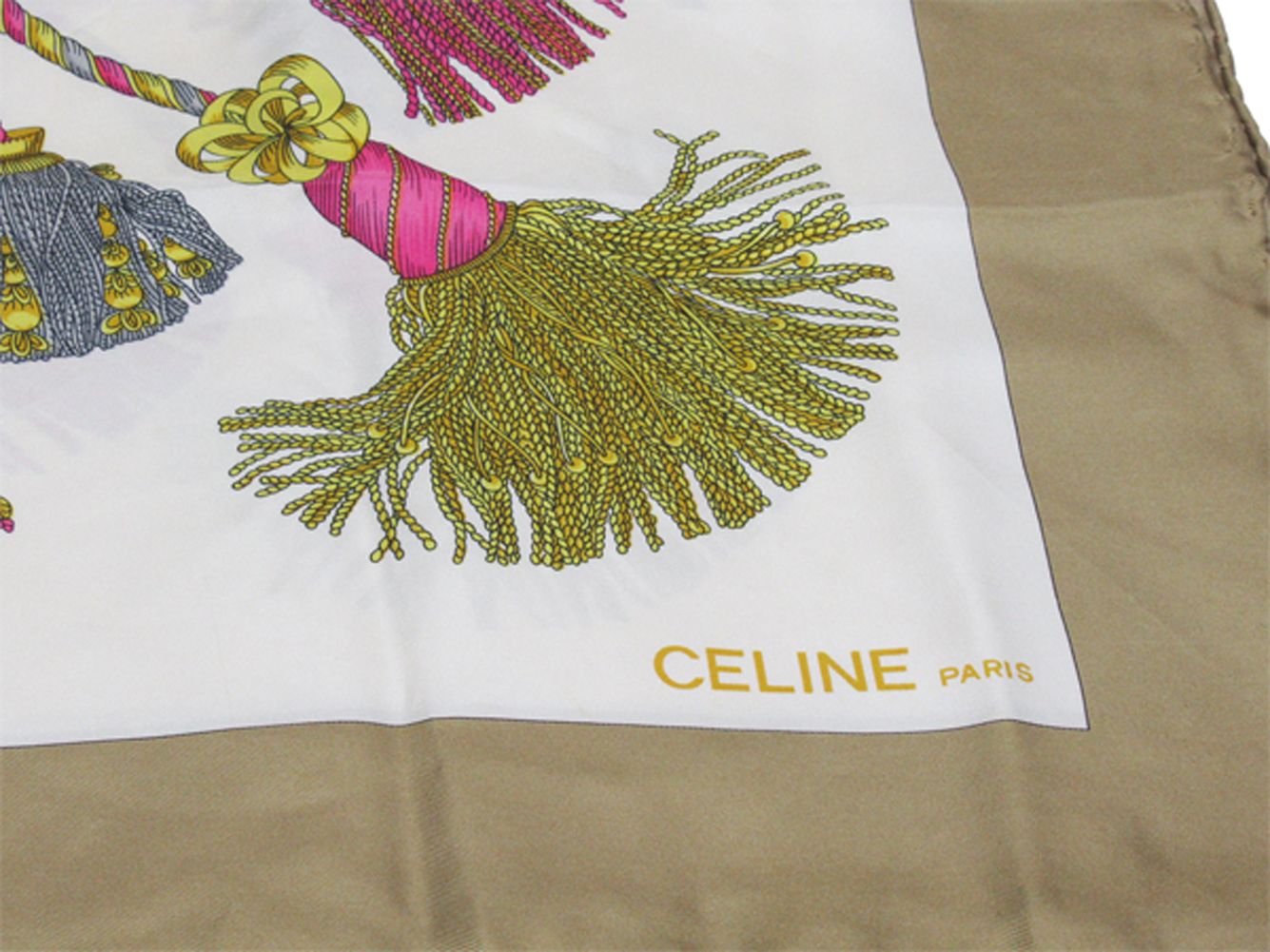 CELINE シルクスカーフ ピンク グレー 馬 タッセル 劍 美品 CELINE シルクスカーフ ピンク グレー 馬 タッセル 劍 美品