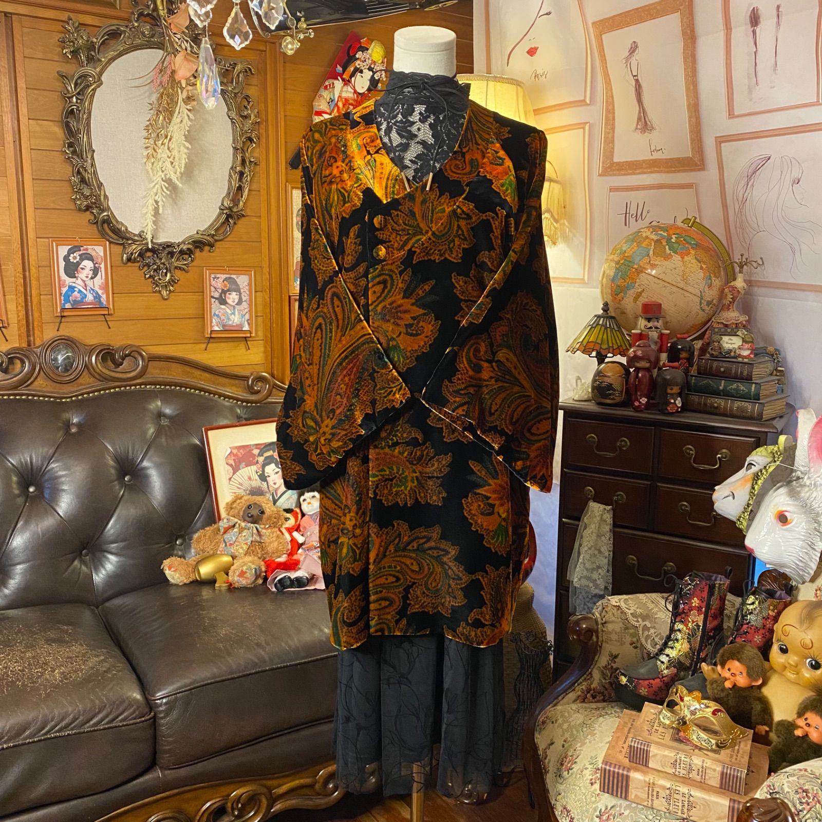 和洋折衷コーデ ベロア和装コート セレクト5点セット 黒×琥珀ペイズリー C-664